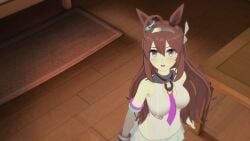 16:9 animal_ears blush brown_hair clothed female female female_focus indoors light-skinned light-skinned_female light_skin long_hair looking_at_viewer mihono_bourbon_(umamusume) open_eyes open_mouth solo solo_focus standing umamusume