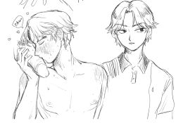 2boys atobe_keigo bigkinokosan blush closed_eyes disembodied_penis gay kissing_penis male male_only monochrome penis prince_of_tennis short_hair sweat topless yaoi