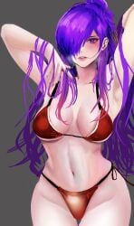 1girls alternate_costume armpits bikini blush female female_only fire_emblem fire_emblem:_three_houses fire_emblem_warriors:_three_hopes hair_bun hair_flowing_over hair_over_one_eye highres jack_(kairuhaido) lips long_hair looking_at_viewer nail_polish navel nintendo parted_lips photoshop_(medium) purple_eyes purple_hair red_bikini shez_(female)_(fire_emblem) shez_(fire_emblem) solo swimsuit teeth upper_teeth_only wet wet_hair