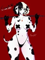 101_dalmatians 2021 anthro artist_name ass black_eyeshadow black_gloves black_hair breasts character_name collar cruella_(film) cruella_de_vil dalmatian dog_ears dog_girl dog_tail furry furry_female gloves green_eyes looking_at_viewer navel nnecgrau panties red_lipstick short_hair two_tone_hair white_hair