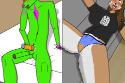 2_penises anthro bodily_fluids breasts brown_body brown_fur clothed clothing cryptid cum deer diana_(dianadump) dianadump diphallia diphallism duo excessive_cum excessive_genital_fluids female fur genital_fluids genitals green_body green_fur lagomorph leporid male mammal multi_genitalia multi_penis non-euclidean_sex not_deer nude penis portal portal_fleshlight portal_panties portal_sex rabbit romantic romantic_couple static_(cryptidenthusiast) stomach_bulge thinking_with_portals