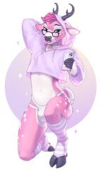 2022 anthro antlers bulge cervine clothed clothing collar deer digital_media_(artwork) eyewear footwear glasses horn legwear male mammal midriff navel partially_clothed phone simple_background smile smileeeeeee socks solo