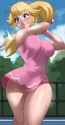 1girls absurdres big_breasts blonde_hair blue_eyes breasts echosaber female female_only hourglass_figure light_skinned_female mario_(series) mario_tennis nintendo outdoors outside princess princess_peach solo standing tennis_court tennis_uniform thick_lips thick_thighs voluptuous