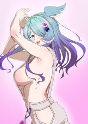 armpits arms_up blue_hair elira_pendora fangs female fullrain88 hair_over_one_eye head_wings naked_overalls nijisanji nijisanji_en open_mouth overalls overalls_only sideboob topless virtual_youtuber