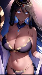 ai_generated bikini bikini_bottom bikini_top black_hair blue_eyes blue_jewelry blue_neckwear breasts busty female horny showing_off