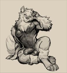 2022 anthro arcanine balls big_balls big_penis biped daftpatriot digital_media_(artwork) generation_1_pokemon genitals greyscale humanoid_genitalia humanoid_penis looking_at_viewer male male_only monochrome muscular muscular_anthro muscular_male nintendo penis pokémon pokémon_(species) simple_background sitting smile solo white_background