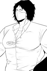 big_pecs cleavage ds_2nd english_text fully_clothed kengan_(series) kengan_ashura male male_only mask masked masked_male monochrome mouth_mask muscular muscular_male pecs solo speech_bubble straining_buttons takayama_minoru tight_clothing