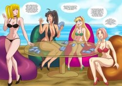 4girls anoneysnufftan arabatos beach bikini black_hair black_sling_bikini blonde_hair cards chair comic comic_page crossover death_note defeated dialogue disney disney_channel disney_xd english_text female female_only heels high_heels homura_(senran_kagura) long_hair misa_amane multiple_girls naruto navel peril pink_hair poker sakura_haruno senran_kagura short_hair sitting sling_bikini star_butterfly star_vs_the_forces_of_evil summer swimsuit table text twintails