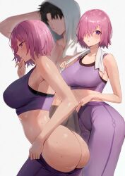 1boy 1girls abs ass breasts brown_hair fate/grand_order fate_(series) female fit_male fujimaru_ritsuka_(male) hair_over_one_eye huge_ass huge_breasts large_ass male mash_kyrielight no_panties pants_down pink_hair purple_clothing purple_eyes rororo shirtless_(male) short_hair sports_bra sportswear sweat sweaty_body yoga_pants