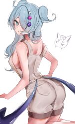 ass blue_hair elira_pendora hair_over_one_eye head_wings looking_back maru_ccy naked_overalls nijisanji nijisanji_en overalls overalls_only sideboob topless virtual_youtuber wings