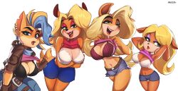 4girls alternate_version_at_source alternate_version_available anthro arms_behind_head arms_crossed_under_breasts artist_name bandicoot belt big_breasts blonde_hair blue_eyes blue_highlights bra cleavage counterpart crash_bandicoot_(series) crash_bandicoot_4:_it's_about_time crash_boom_bang! crash_team_racing_(series) daisy_dukes earrings eyeshadow female female_only fingerless_gloves furry green_eyes hourglass_figure jacket jeans lifting_shirt long_blonde_hair long_hair looking_at_viewer looking_away_from_viewer magaska19 mole_under_eye naughty_dog orange_fur ponytail shirt_lift short_blonde_hair short_hair shorts tawna_bandicoot tawna_bandicoot_(crash_4) white_background