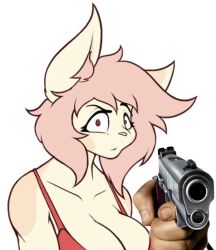 anthro big_breasts breasts capri doxxyl feline female furry gun looking_at_viewer meme red_eyes tagme