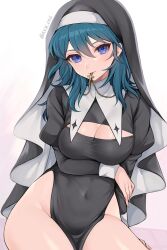 artist_name blue_eyes blue_hair breasts byleth_(fire_emblem) byleth_(fire_emblem)_(female) cleavage crucifix fire_emblem fire_emblem:_three_houses hood intelligent_systems large_breasts looking_at_viewer nintendo nun shimizu_akina watermark