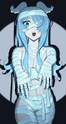 blue_hair cleavage elira_pendora fangs hair_over_one_eye halloween head_wings karassawa mummy mummy_costume navel nijisanji nijisanji_en open_mouth virtual_youtuber