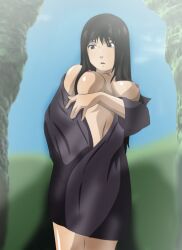 1girls arm_under_breasts bare_shoulders breast_grab breasts brown_hair dark_brown_hair female female_only legs_together long_hair naruto naruto_(series) naruto_shippuden no_bra off_shoulder open_clothes outdoors rope solo solo_focus yukata_(naruto)