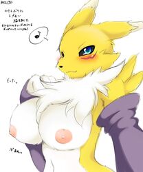 anthro bandai big_breasts black_nose blush breasts canine digimon female fox fur mammal nipples renamon solo tuft white_fur yellow_fur yus-ts