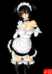 1girls 2009 apron black_hair blush breasts cleavage female highres looking_at_viewer maid maid_headdress maid_uniform nipple nipples original short_hair thighhighs twintails undressing witchking00