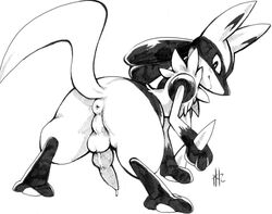 1boy 2010 anus ass balls bent_over black_and_white canine canine_penis jackal knot lucario male male_only monochrome nintendo penis perineum plain_background pokemon pokemon_(species) precum presenting presenting_hindquarters purplekecleon raised_tail smile smirk solo spikes spread_legs spreading video_games white_background