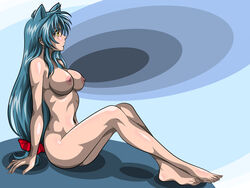 1girls animal_ears blue_background blue_hair breasts cat_ears female female_only full_metal_panic highres humanoid kaname_chidori large_breasts nipples nude sitting solo yellow_eyes