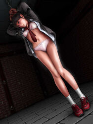 arms_up bondage bound bra dark_hair dungeon footwear h.s.world medium_breasts navel necktie no_pants open_shirt panties school_uniform shoes slave socks tie tiptoes underwear