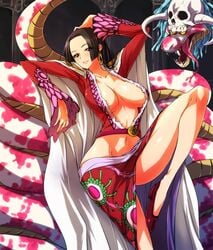 1girls animal black_hair blush boa_hancock breasts cleavage compression_artifacts earrings female female_only highres huge_breasts jewelry long_hair midriff nekomamire one_piece resized salome_(one_piece) skull snake solo_focus straight_hair