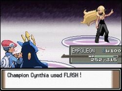 animated cynthia_(pokemon) emperte empoleon english_text female feral flash_(pokémon_move) gameplay_mechanics health_bar hud human humor lucas_(pokemon) male milotic nintendo nosebleed pixel_art pokemon pokemon_(species) pokemon_battle pokemon_champion pokemon_dppt pokemon_move sprite straight_hair text