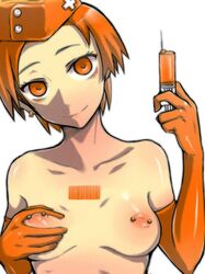 barcode barcode_tattoo breasts elbow_gloves em em_(totsuzen_no_hakike) gloves inverted_nipples latex latex_gloves needle nipple_piercing nipples nurse piercing pointy_chin syringe topless