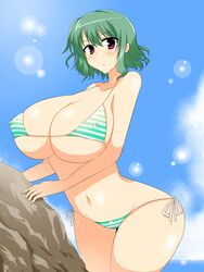 1girls 5_fingers alternate_breast_size ass bb big_breasts bikini blush breasts cleavage female female_focus female_only green_eyes highres huge_ass huge_breasts large_breasts navel nipples no_humans red_eyes short_hair solo solo_female solo_focus sunlight swimsuit team_shanghai_alice touhou wedge youkai yuka_kazami yuuka_kazami