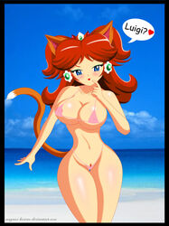 1girls animal_ears beach big_breasts bikini blue_eyes blush breasts brown_hair cat cat_ears cat_tail cleavage crown cute earrings eyeshadow female female_only half-closed_eyes heart looking_at_viewer magnus-bowser mario_(series) nintendo nipples nipples_visible_through_clothing princess_daisy pubic_hair shoulder_length_hair smile smooth_skin solo super_mario_bros. super_mario_land swimsuit text thick thick_thighs thighs tongue tongue_out twintails wide_hips