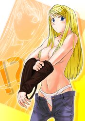 ! ? blonde_hair blue_eyes convenient_censoring female female_only fullmetal_alchemist human jeans lithiumia long_hair nude panties solo underwear undressing white_panties winry_rockbell