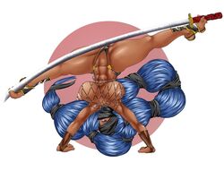 1girls abs barefoot blue_hair breasts cameltoe dark_skin feet female kings3552 large_breasts nipples solo source_request sword toe_grab toes weapon