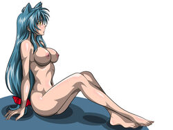 1girls animal_ears blue_hair breasts cat_ears feet female female_only full_metal_panic highres humanoid kaname_chidori large_breasts nipples nude sitting solo toes white_background yellow_eyes