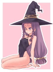 :< ayase_yue blush flat_chest fuyube_rion hat highres mahou_sensei_negima mahou_sensei_negima! nipples one-piece_swimsuit purple_eyes purple_hair ribbon ribs swimsuit tears witch_hat