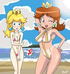 2girls arms_up beach bikini blonde_hair blue_eyes blush breasts brown_hair cheep_cheep cleavage crown earrings embarrassed female female_only feral hand_behind_head human lips lipstick looking_at_viewer mario_(series) meegol multiple_females multiple_girls nintendo one_eye_closed open_mouth ponytail princess_daisy princess_peach shoulder_length_hair shy smile super_mario_bros. super_mario_land tan tanline thick thick_thighs thighs tied_hair wide_hips wink