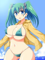 beige_skin bikini blue_eyes blush breasts cleavage clothes color day female female_only front_view highres hips huge_breasts looking_at_viewer navel nipples nitori_kawashiro open_clothes open_eyes open_mouth outdoors round_ears sky solo standing swimsuit touhou wedge wide_hips