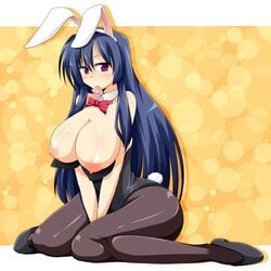 animal_ear bb blush breasts bunny_girl bunnysuit condom hips huge_breasts large_breasts mouth_hold nipples pantyhose shiny_skin tail wedge wide_hips