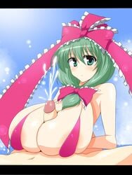 1boy 1girls alternate_breast_size big_breasts big_penis blush breasts cleavage cum cum_between_breasts ejaculation ejaculation_between_breasts female highres huge_breasts kagiyama_hina large_breasts male paizuri paizuri_on_lap penis straight swimsuit touhou uncensored wedge