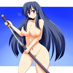 blue_hair blush breasts large_breasts nipples nude sword weapon wedge