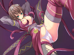 00s 1girl asymmetrical_legwear blush breasts brown_hair cameltoe cleft_of_venus cowbow_kun female_focus goggles goggles_on_head gradient_background green_eyes koubou_(cowbow_kun) looking_at_viewer medium_breasts minority_hearts_2 mismatched_legwear nipples no_bra panties perky_nipples petite_breasts pussy_visible_through_clothes pussy_visible_through_panties rape restrained rita_mordio sakurasaku_koubou short_hair side-tie_panties simple_background solo tales_of_(series) tales_of_vesperia tentacle tentacles thong underwear white_panties