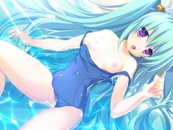 blush breasts censored ezekiel green_hair long_hair nipples osananajimi_wa_daitouryou pussy swimsuit