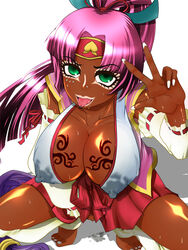 1girls artist_request barefoot breasts cleavage dark-skinned_female dark_skin detached_sleeves erect_nipples erect_nipples_under_clothes feet female fingering ganguro green_eyes gyaru headband huge_breasts japanese_clothes long_hair makeup masturbation nail_polish nipples no_bra open_mouth piercing pink_hair pussy_juice saliva smile solo squat squatting sweat sweatdrop tattoo toes tongue tongue_piercing v white_nails