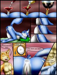 2d 2d_(artwork) 2d_artwork anthro bed beige_fur blue_fur blue_hair breasts coke_and_mentos coke_bottle cola color colored comic da_goddamn_batguy dialog english_text female fox fox_mccloud fur furry furry_breasts furry_ears furry_tail hair indoors inflation krystal male mentos nipples nude orange_fur pointy_ears short_hair speech_bubble star_fox tail text white_fur