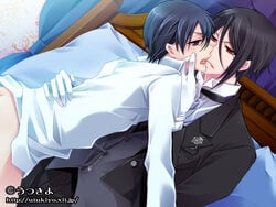 2boys bed bottomless ciel_phantomhive gay kuroshitsuji male male_only red_eyes sebastian_michaelis tagme utukiyo white_gloves yaoi