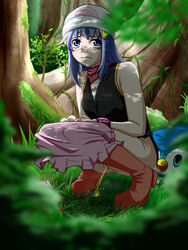 1girls beanie blue_eyes blue_hair boots clothes color dawn_(pokemon) day female female_only forest grass hat human interspecies long_hair looking_at_viewer outdoor_pee outdoors peeing peeing_on_ground piplup pokemon pokemon_(species) sitting_pee skirt_down solo squatting tree trees urine urine_pool urine_stream