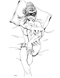 above_view all-star_batman_and_robin armwear barbara_gordon batgirl batman_(series) belt black_and_white boots breasts clothing dc_comics domino_mask eso2001 female female_only footwear gloves hugging_leg human looking_at_viewer lying mask monochrome mostly_nude nipples on_back pillow pinup ponytail posing smile solo utility_belt