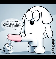 1boy big_penis bodily_fluids dilbert_(franchise) dog dogbert_(dilbert) english english_text josiepurr male male_focus male_only newspaper_comic_strip nude penis smooth_fur solo what white_fur