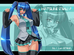 aqua_eyes aqua_hair blue_hair blush breasts cosplay dark-skinned_female dark_skin detached_sleeves emina&aki emina_(character) female green_eyes hatsune_miku hatsune_miku_(cosplay) headphones highres huge_breasts kagami large_breasts leggings long_hair panties pantyshot pussy smile solo spirit striped striped_panties thighhighs tied_hair twintails underwear utility_pole utility_pole_spirit very_long_hair vocaloid zoom_layer