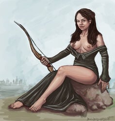 2010 barefoot bigbadwolf bow breasts brown_hair clothed clothing day dress female female_only holding_object holding_weapon human long_hair looking_at_viewer outdoors partially_clothed pinup robe rock sitting smile solo susan_pevensie the_chronicles_of_narnia topless