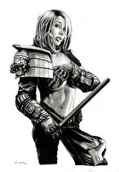 1girls 2014 armor breasts cassandra_anderson covering_breasts dimitris_koskinas gloves human judge_anderson judge_dredd_(franchise) large_breasts long_hair looking_at_viewer midriff monochrome navel nightstick sketch solo_focus topless underboob uniform weapon