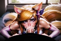 ahri ai_generated blowjob censored cum_in_mouth cum_on_face fellatio league_of_legends looking_at_viewer purple_eyes rolling_eyes star_guardian_ahri star_guardian_series thanatosai